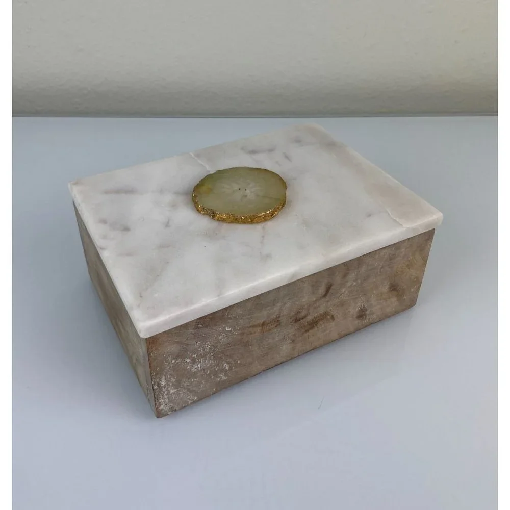 Portofino Home Marble Top Wooden Trinket Jewelry Box Made in India Decor White